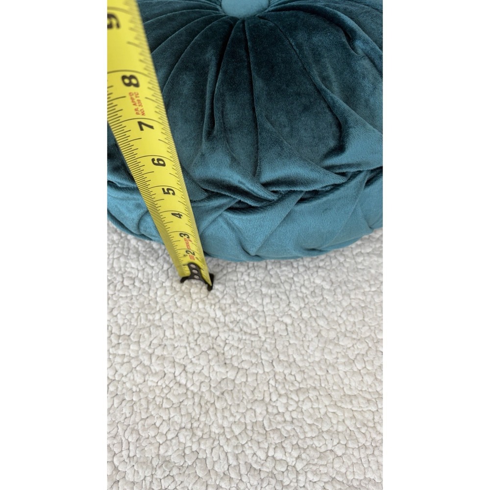 Round Velvet Throw Pillow Pumpkin Teal Blue Green Tufted Pleated Cushion Decor - Picture 8 of 16